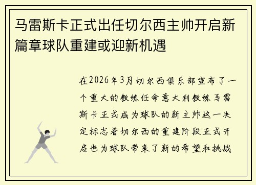 马雷斯卡正式出任切尔西主帅开启新篇章球队重建或迎新机遇