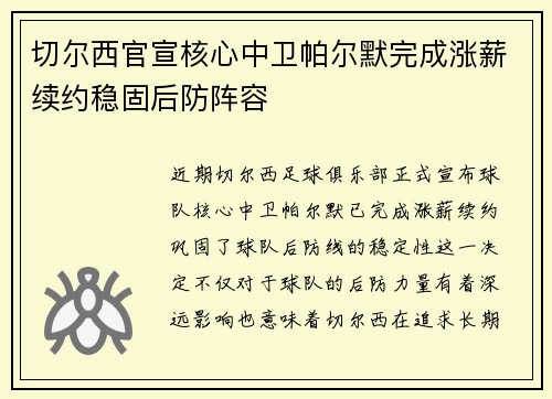 切尔西官宣核心中卫帕尔默完成涨薪续约稳固后防阵容 切尔西官宣核心中卫帕尔默完成涨薪续约稳固后防阵容