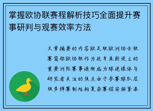 掌握欧协联赛程解析技巧全面提升赛事研判与观赛效率方法 掌握欧协联赛程解析技巧全面提升赛事研判与观赛效率方法